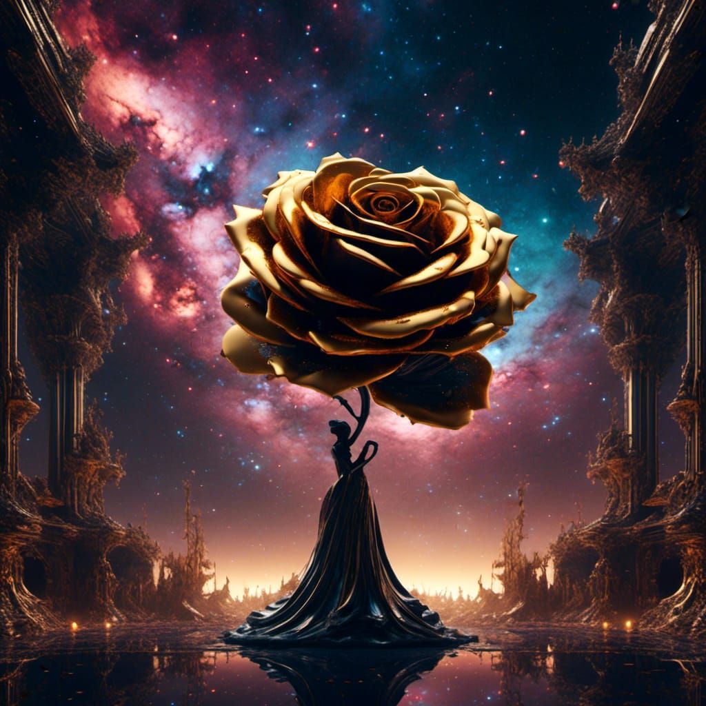 Golden Rose Silhouette in Fractal Galaxy
