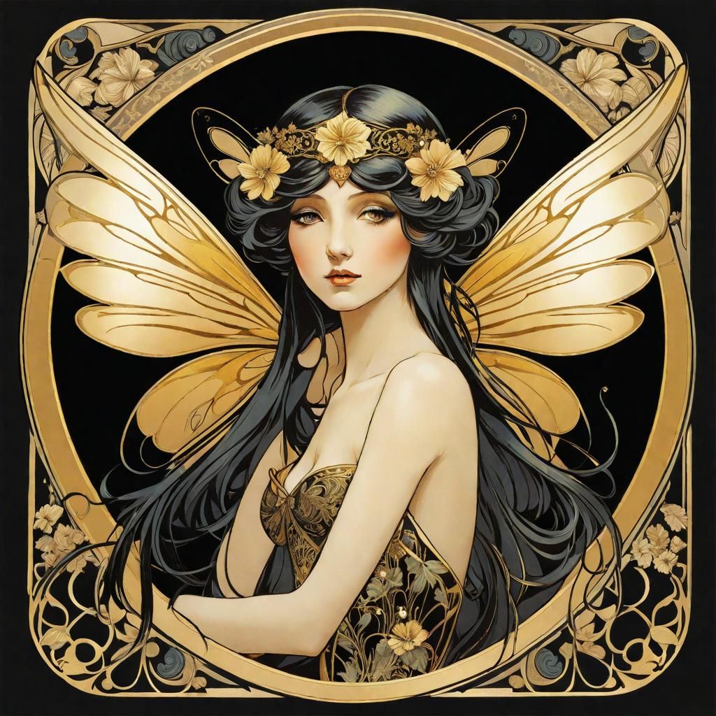Art Nouveau Fairy with Golden Wings