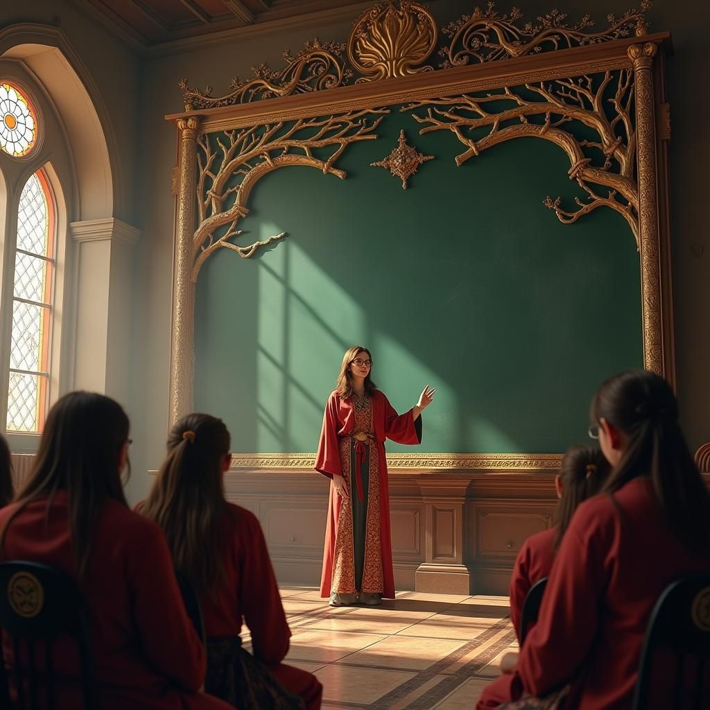 Teacher Explains Gap Filling in Ornate Classroom