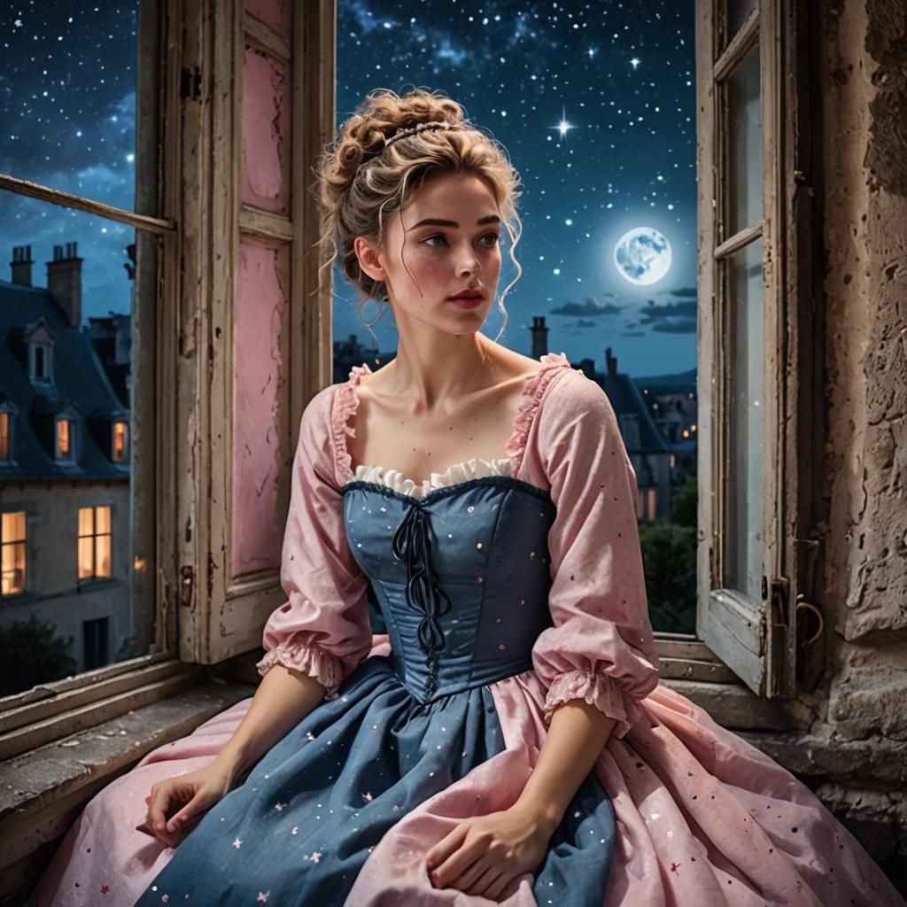 Girl in European Gown Gazing at Stars
