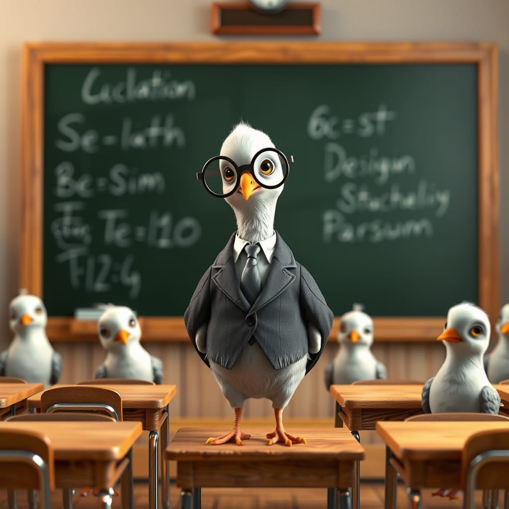 An adorable CGI-style 3D dove as a doves school teachers. Hyperrealistic, concept art, mid shot, intricately detailed, P...