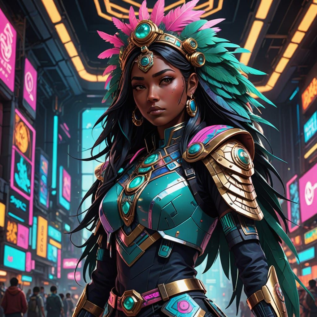 Regal Aztec Robot Girl Blends Ancient Craftsmanship with Cyb...