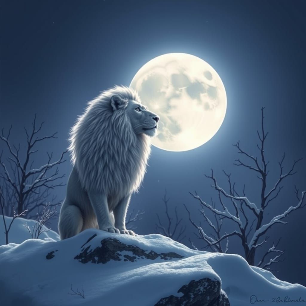 Lion in Winter Snow Landscape Under Moonlight