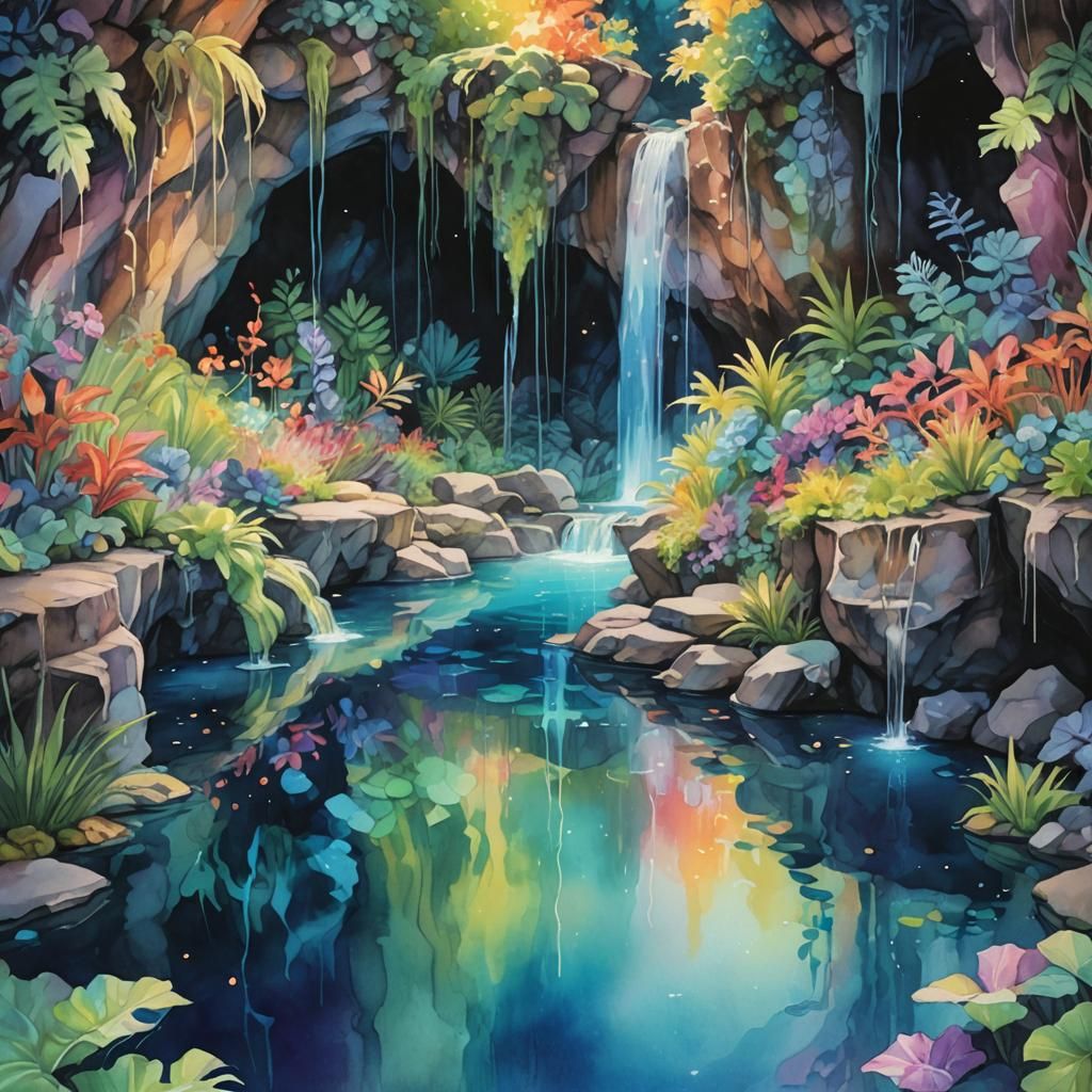 Bioluminescent Oasis in Crystalline Cave, Watercolor Style