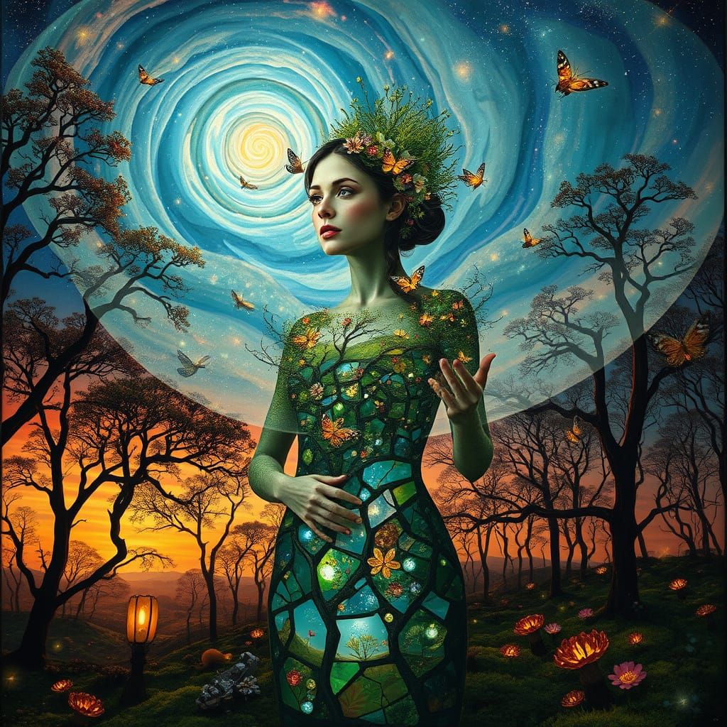 Ethereal Bio-Art Landscape with Glowing Fireflies and Shatte...