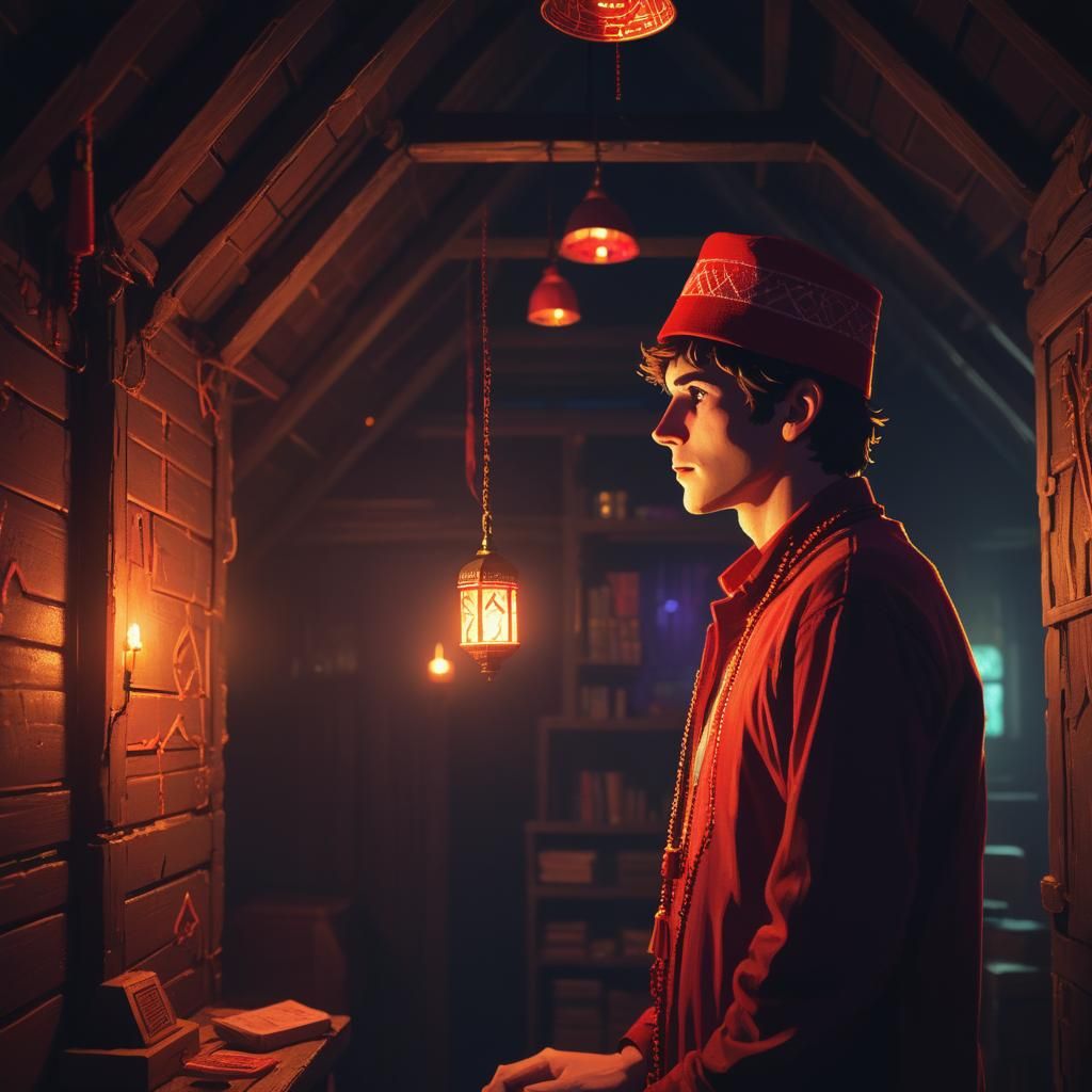 Pixel Art Person in Attic with Fez