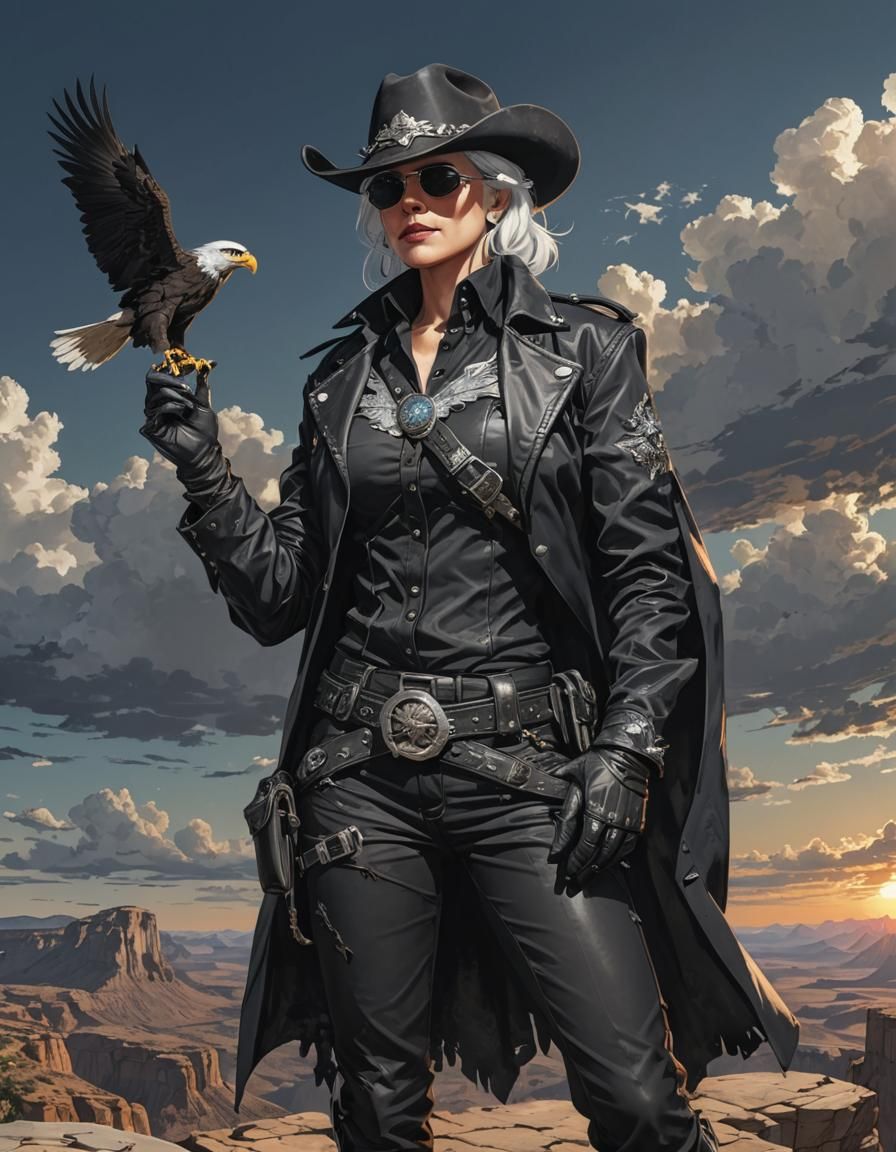 Anime Cowgirl with Eagle on Sunset Cliff