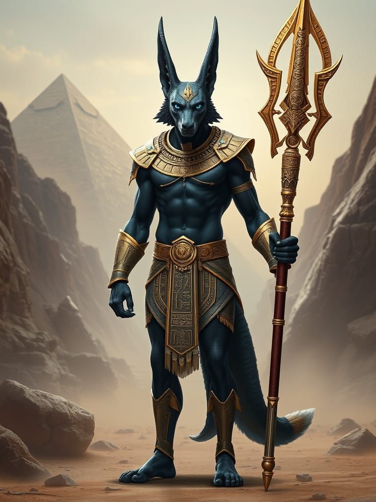 Majestic Bipedal Anubis in Golden Armor, Dark Blue Skin, and...