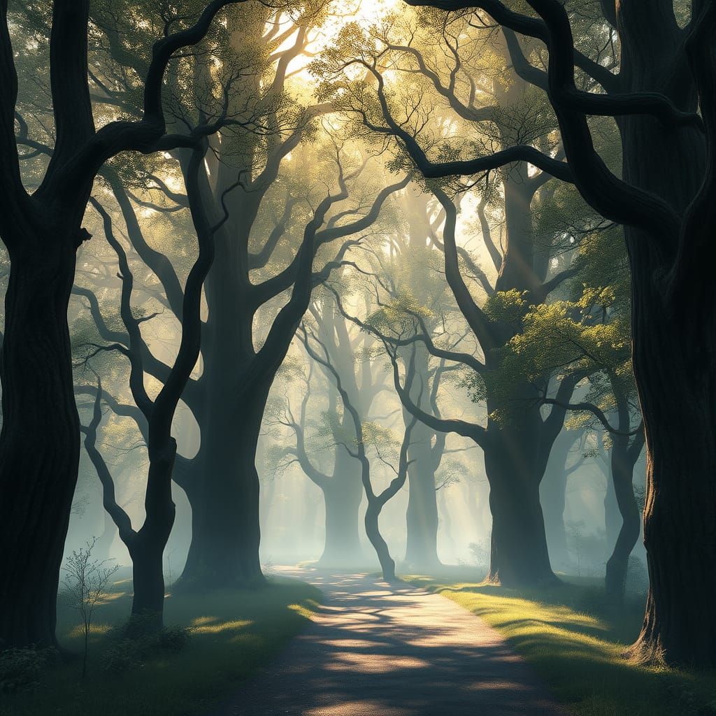 Misty Forest Pathway in Cyberpunk Digital Style