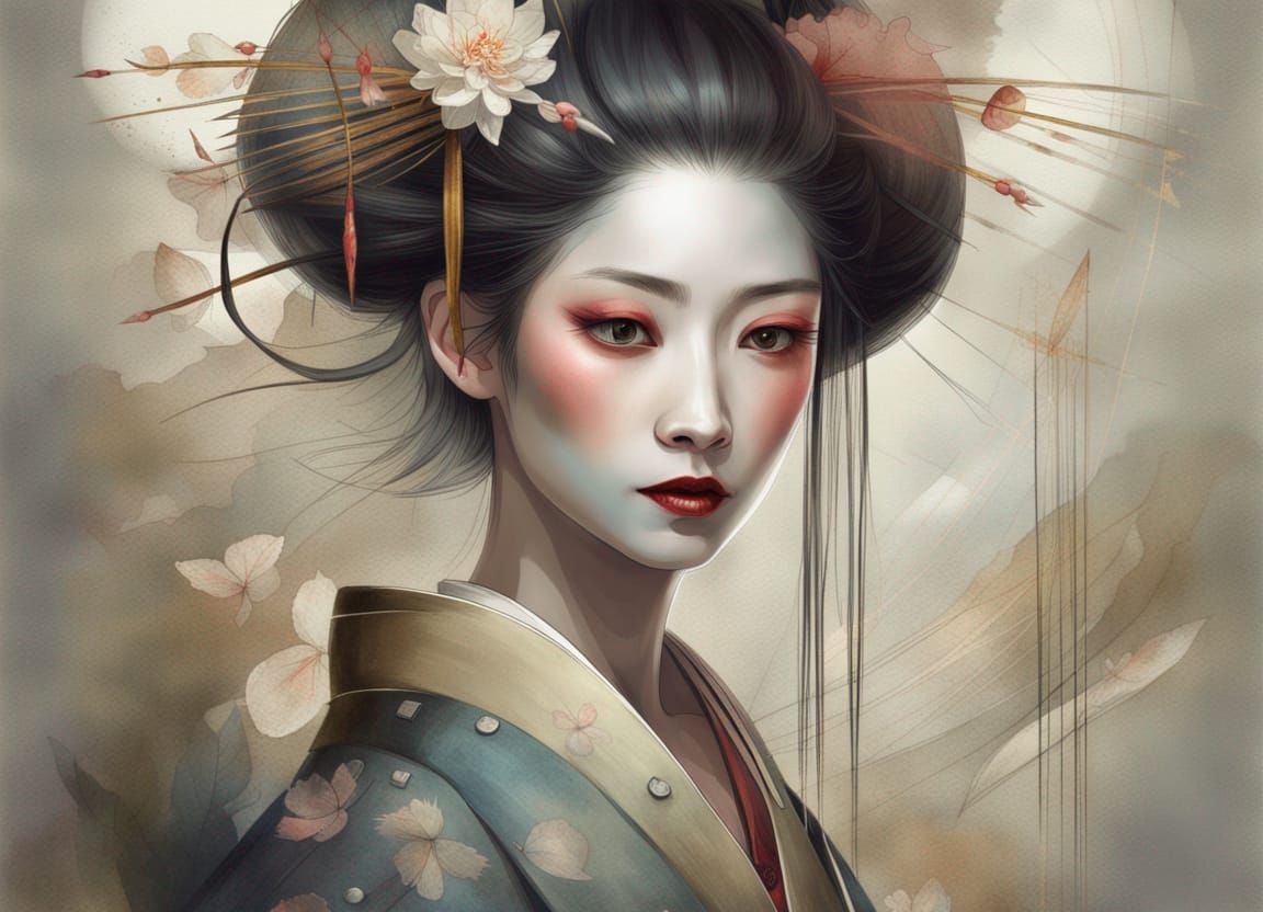 Elegant Geisha Digital Art in Watercolor Style