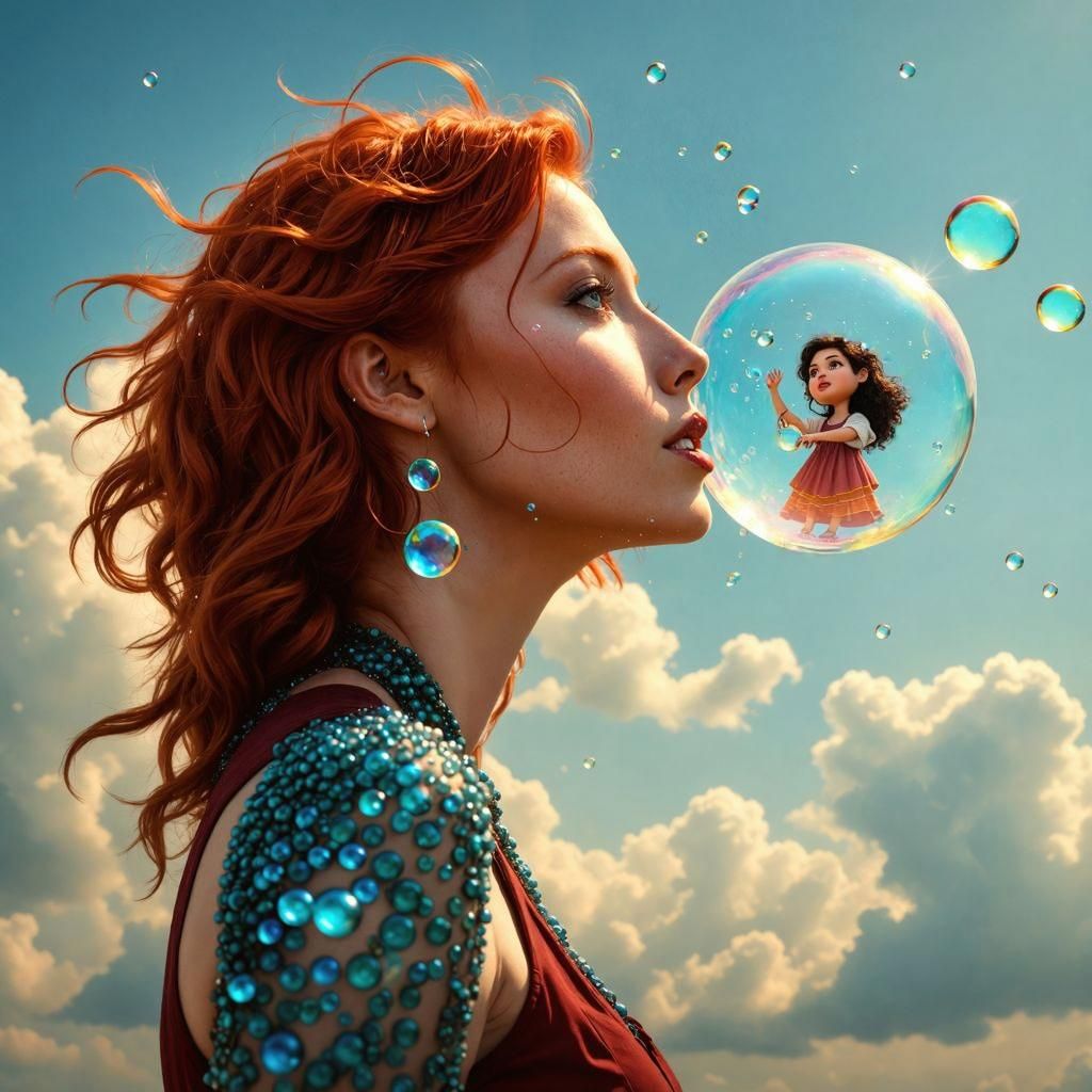 Woman Blowing Bubbles of People: Hyperrealistic Splash Art