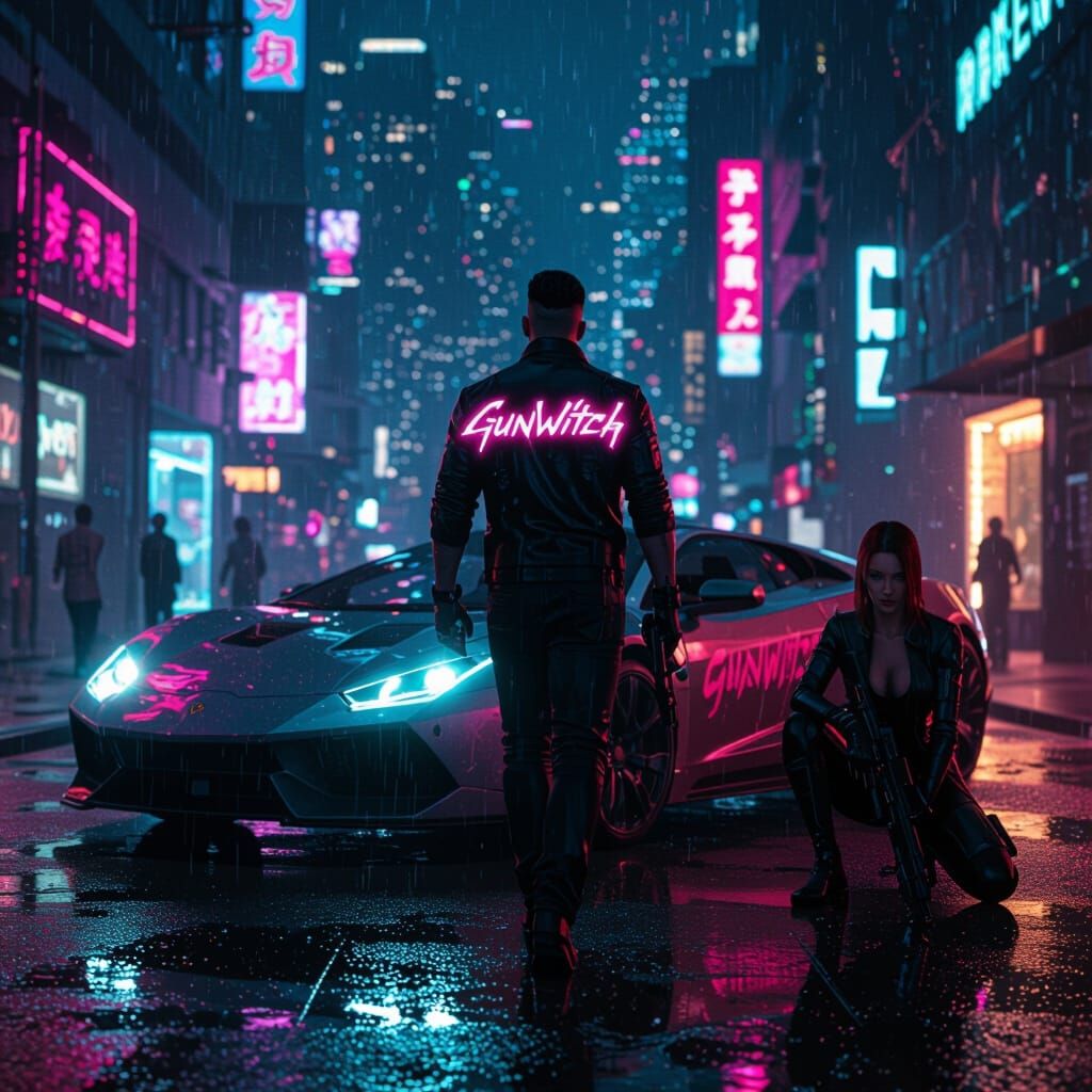 Cyberpunk Cityscape at Night with Neon Lights and Gunwitch C...
