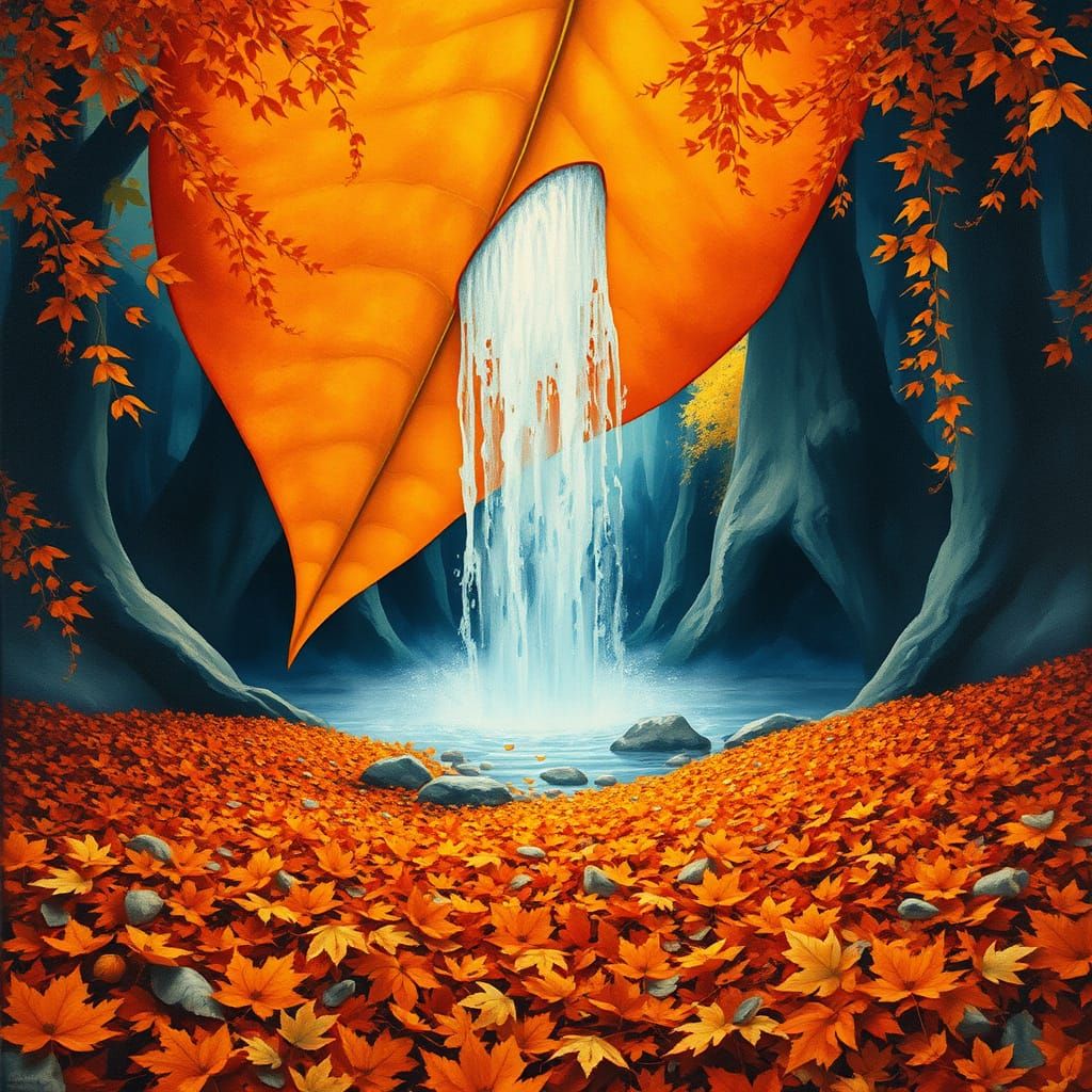 Surreal Autumn Waterfall in Gouache Style