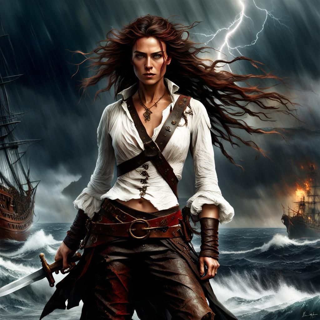 Pirate Woman in Storm, Cinematic Matte Painting