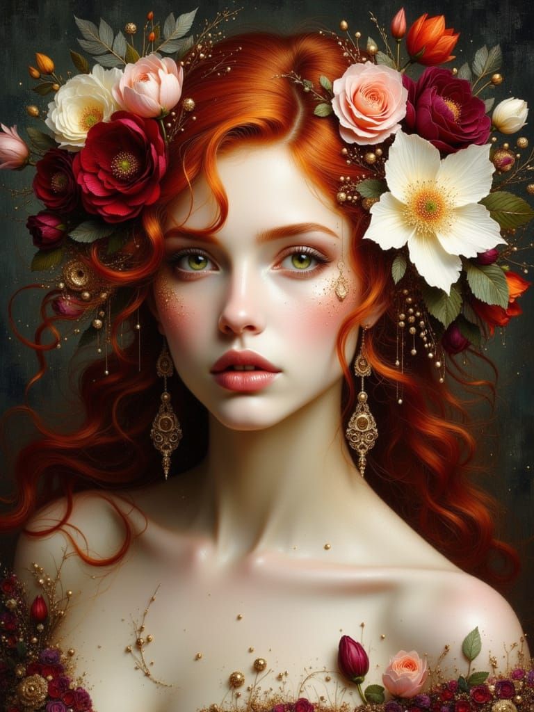 Ethereal Porcelain Woman Portrait with Floral Adornments