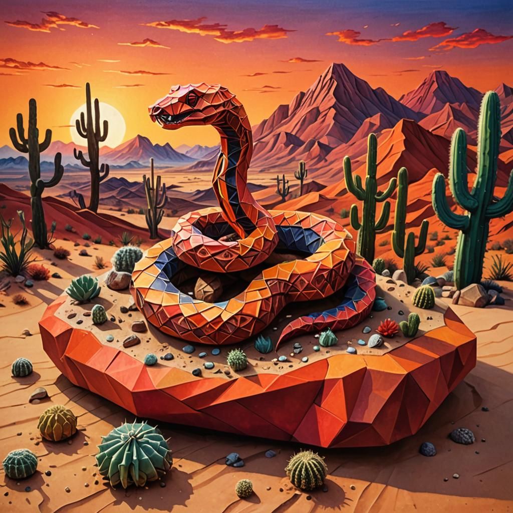 Origami Snake in Desert Sunset, Detailed Digital Painting