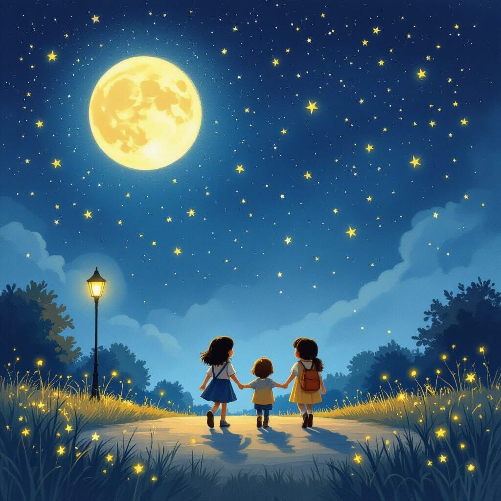 Children's Book Style Night Walk Under Starry Sky