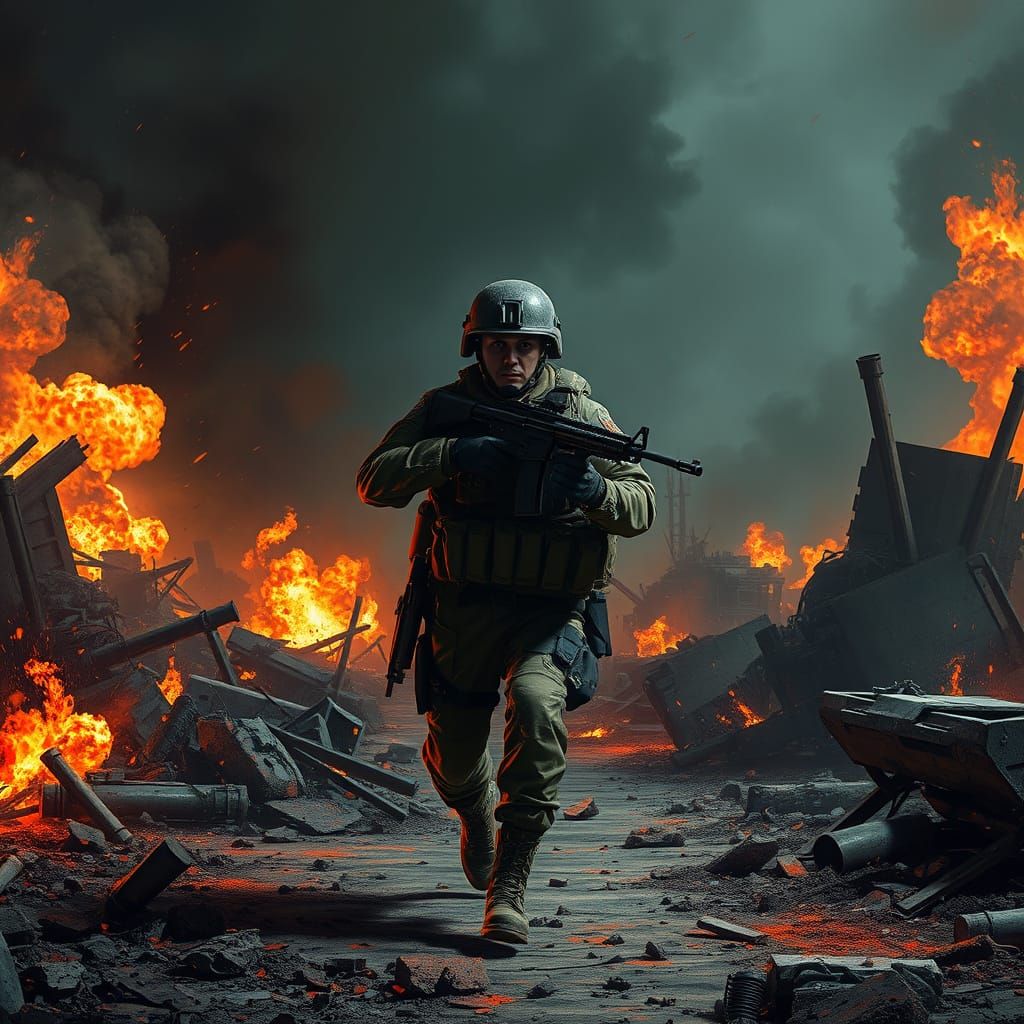 Lone Soldier Amidst Apocalyptic Battlefield in Gritty Futuri...