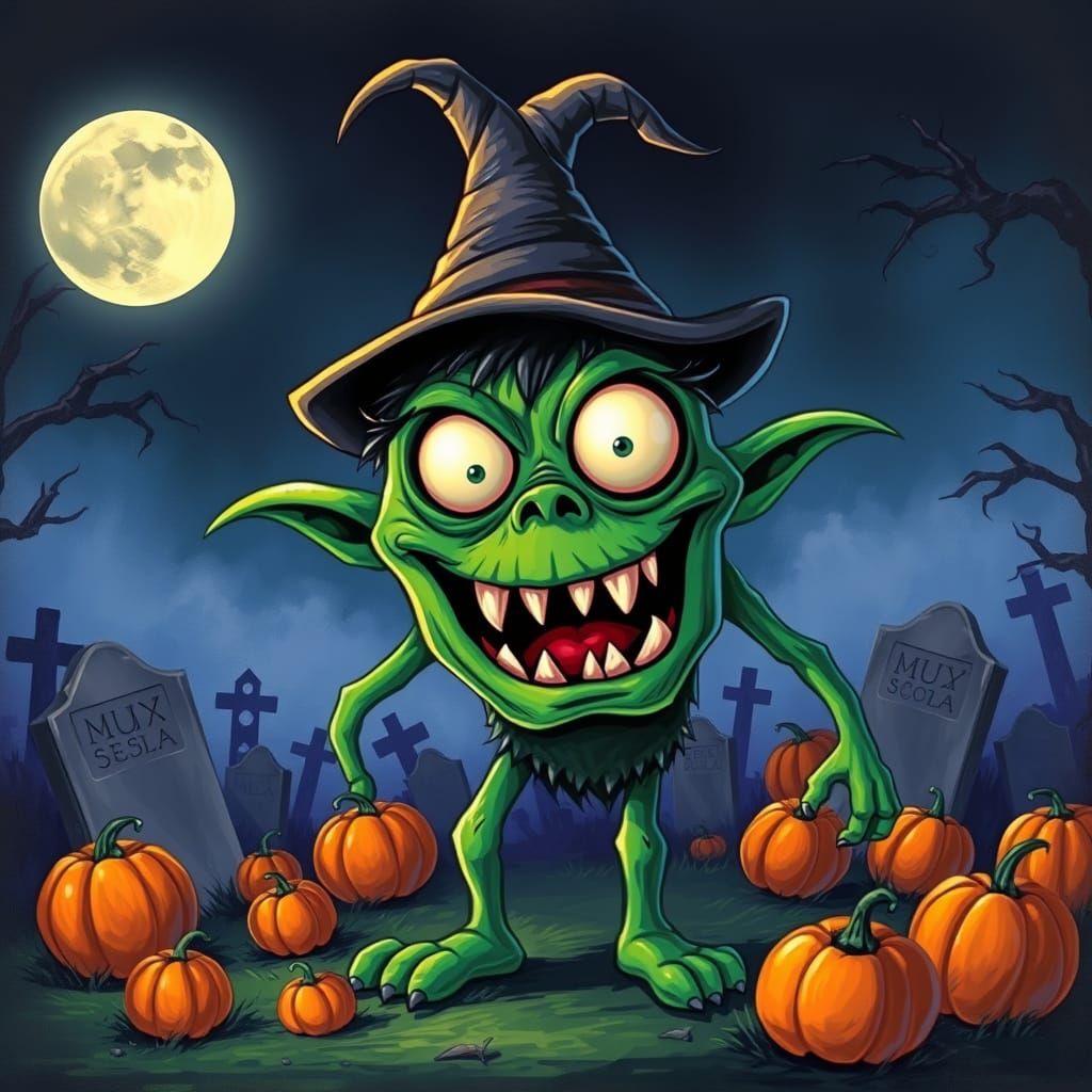 Friendly Halloween Monster in Moonlit Graveyard