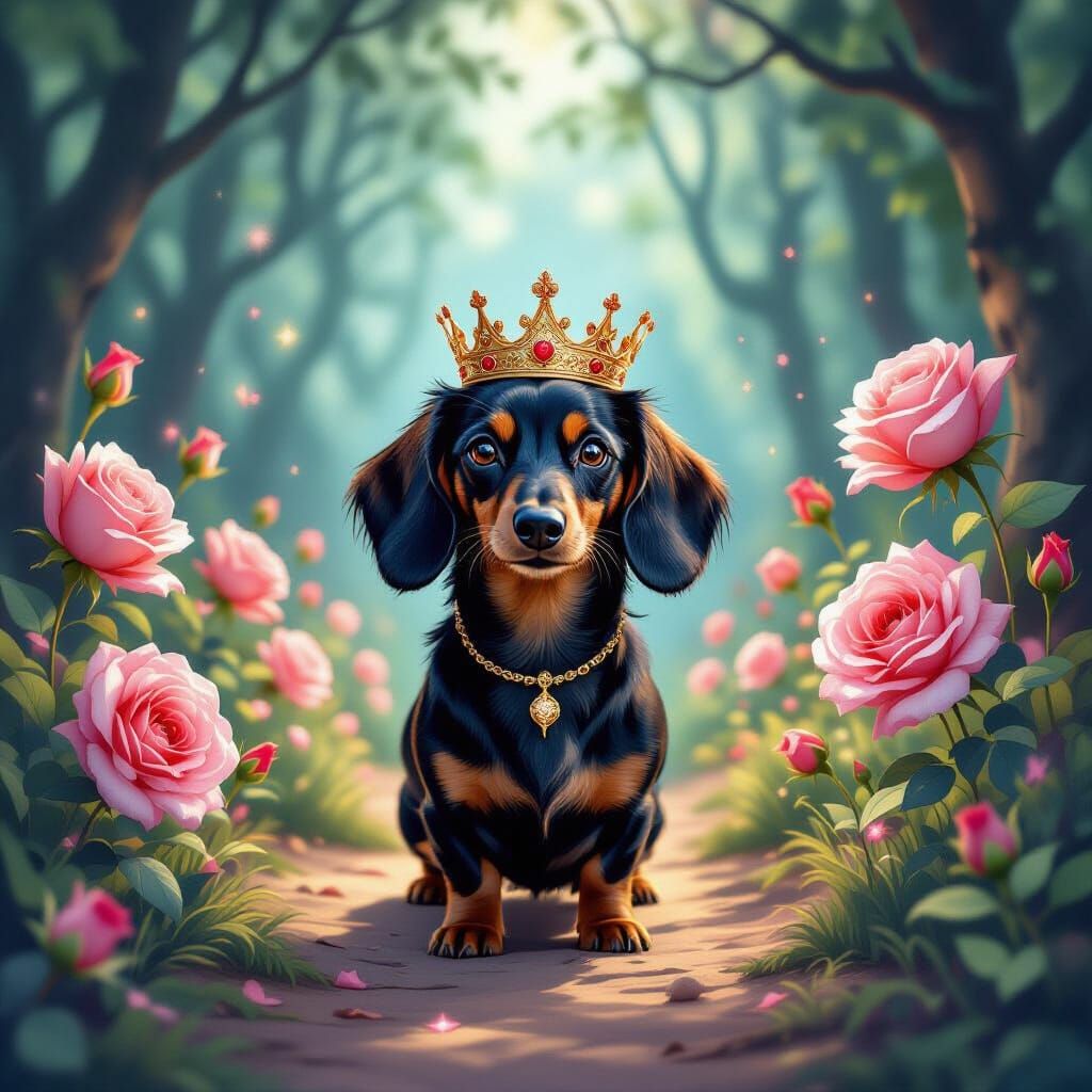 Regal Dachshund King at Mystical Forest Entrance