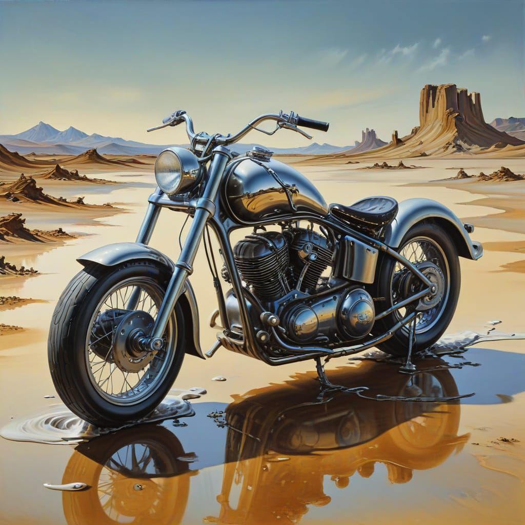 Melting Motorcycle in Surrealist Oil Painting Style