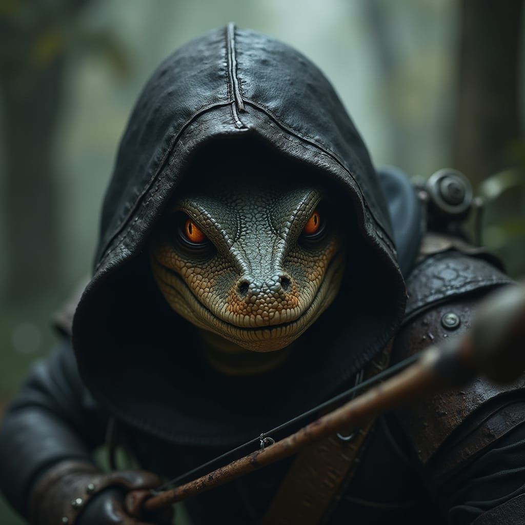 Dark Fantasy Lizardman Archer in Forest Shadows