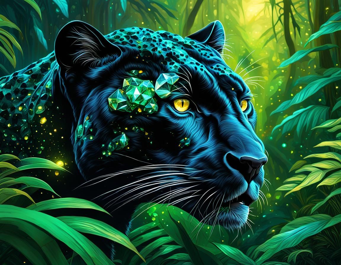 Crystal Panther Prowling Emerald Jungle, Astral Illustration