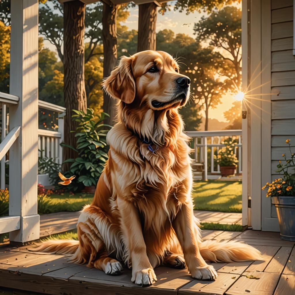 Golden Retriever Pixel Art Sunset Scene