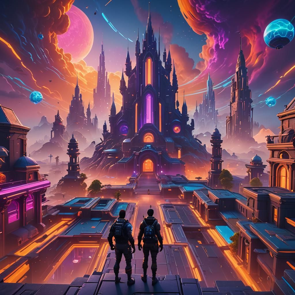 Futuristic Fortnite Character in a Neon Landscape