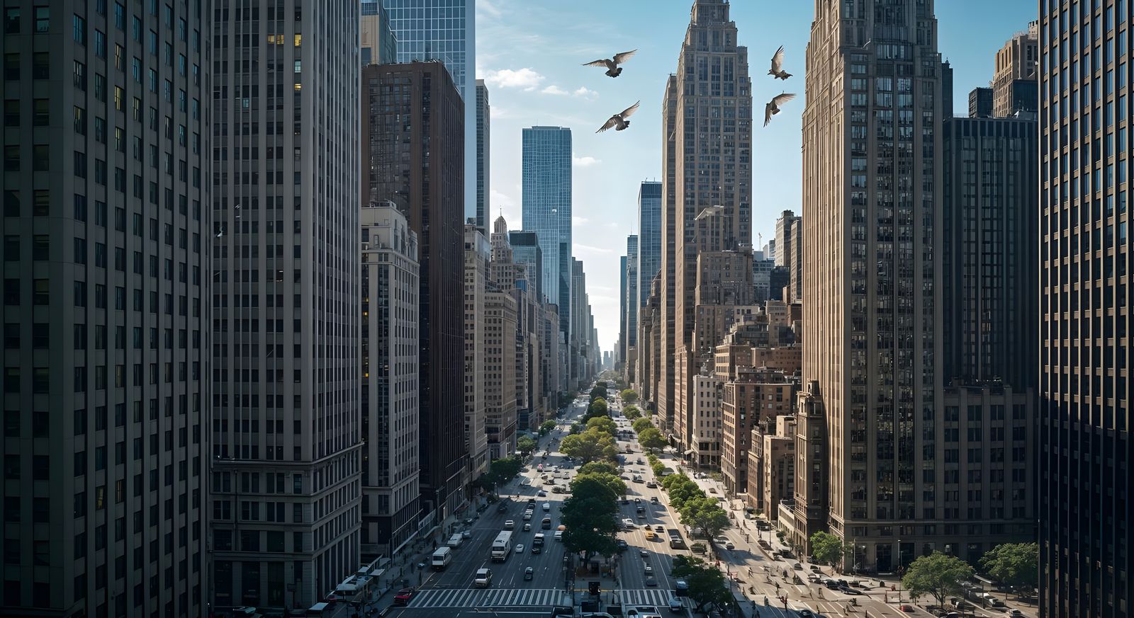 Surreal New York Cityscape with Flying Doves in Cinematic St...