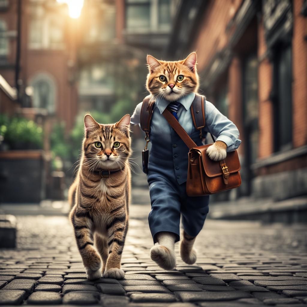Hyperrealistic Cat and Friend Head to Work