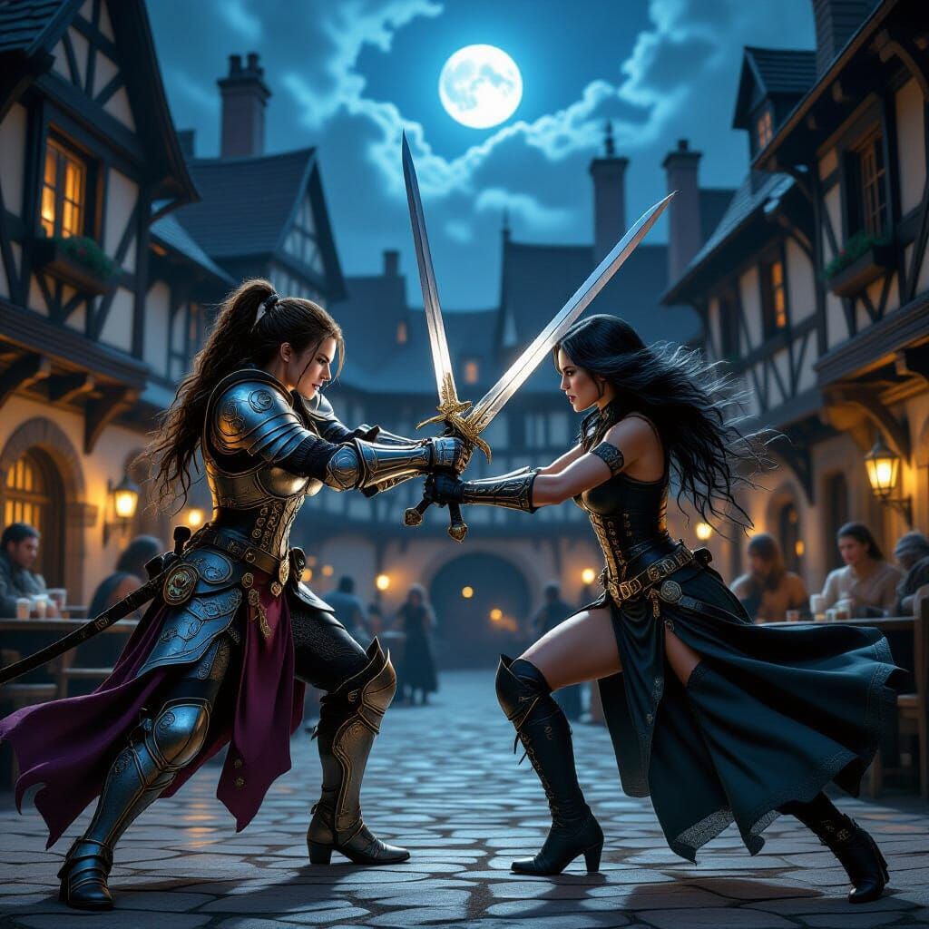 Steampunk Warrior Battles Shadowy Assailant in Moonlit Court...