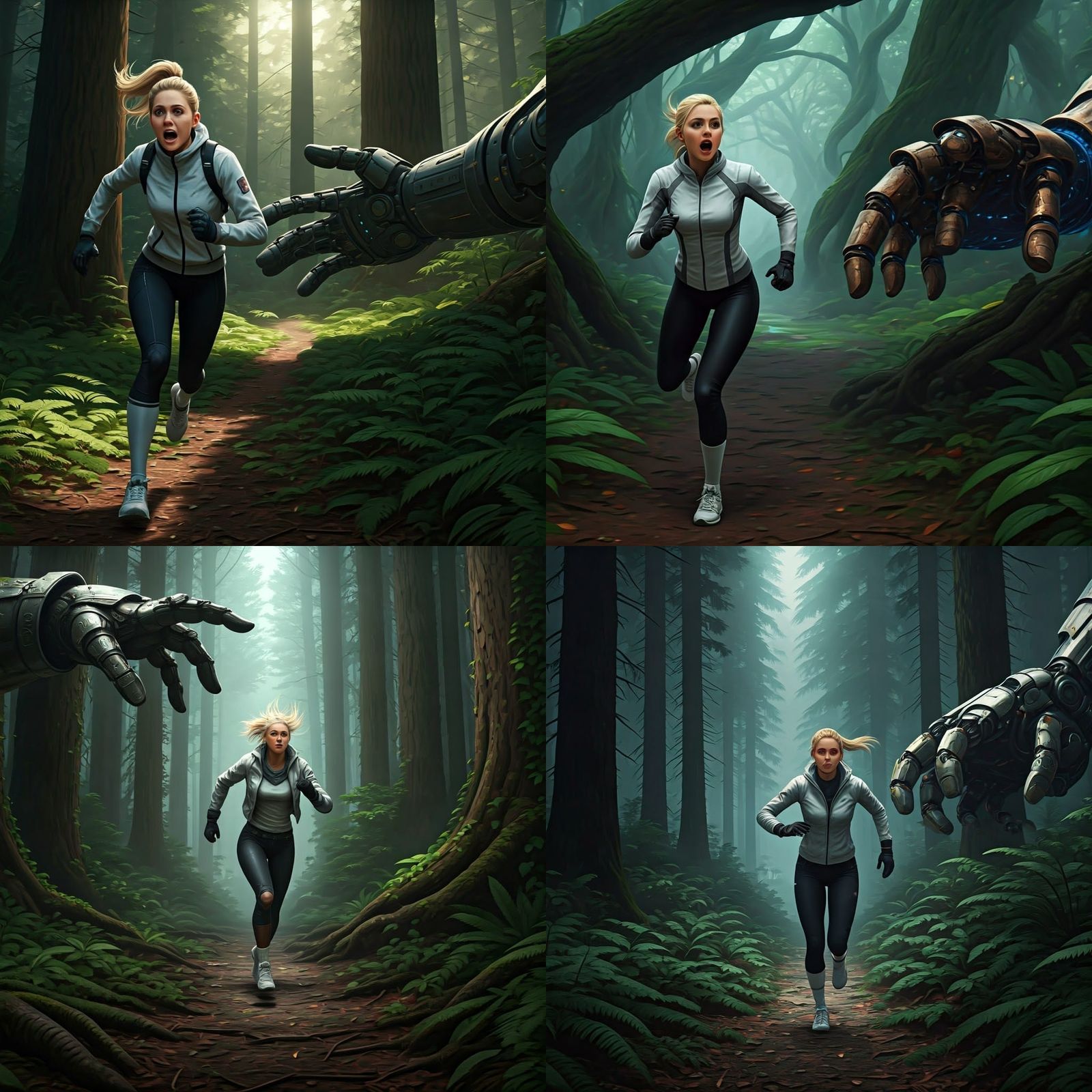 Woman Fleeing Robot Hand in Detailed Forest Painting