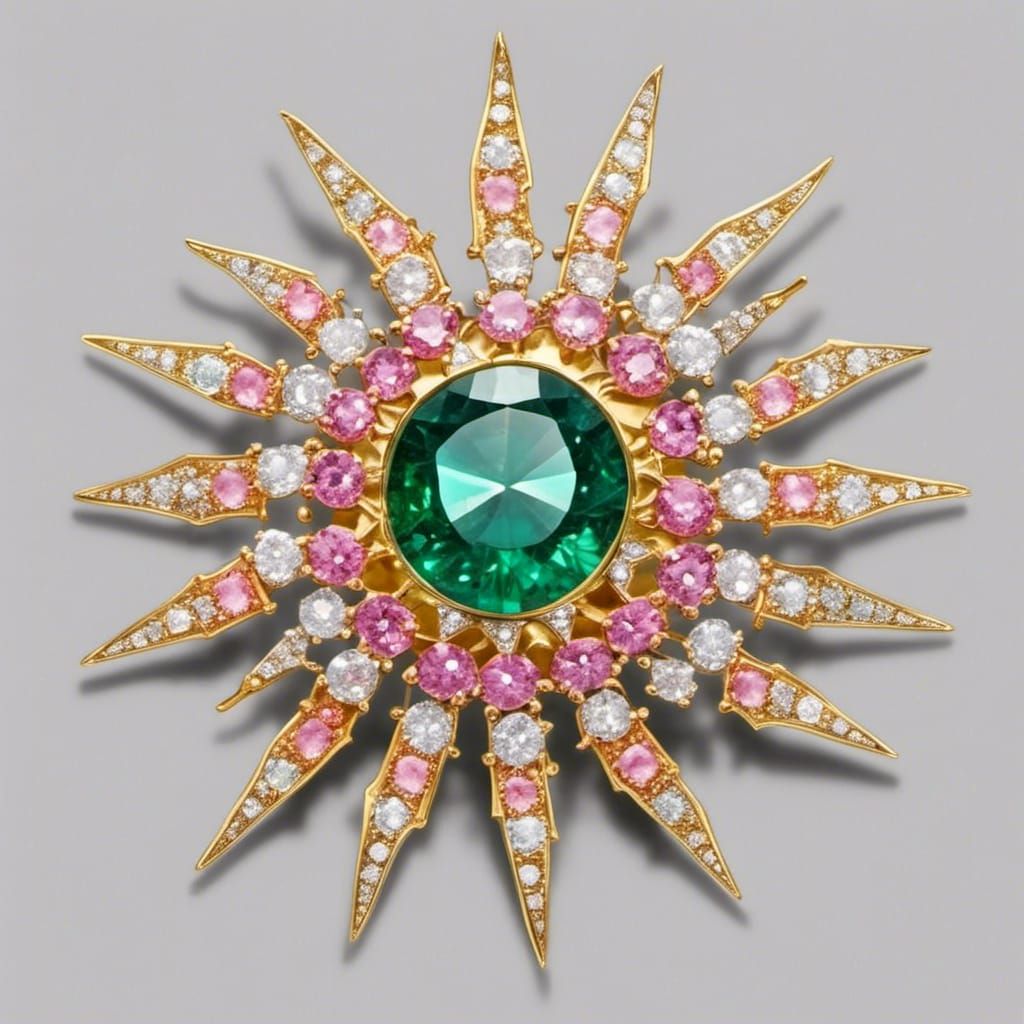 Emerald and Diamond Sun Brooch in Gold