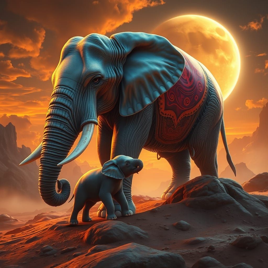 Majestic Venus Elephant Family in Eerie, Cosmic Landscape