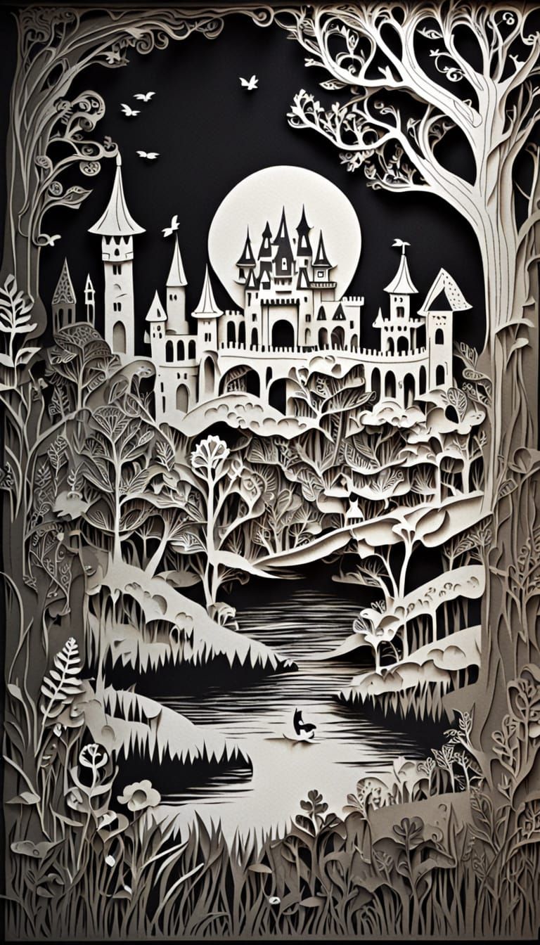 Paper-cut Fairytale Land, Smooth Chiaroscuro (xtough's Smooth Paper-cut 73rd 5word prompt Challenge)