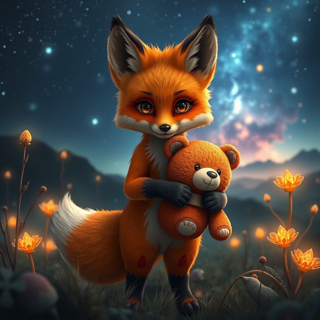 Regal Fox in Starry Night Environment with Teddy Bear
