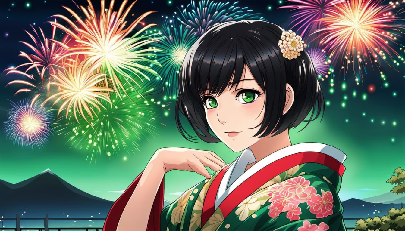 Anime Portrait of Woman with Fireworks