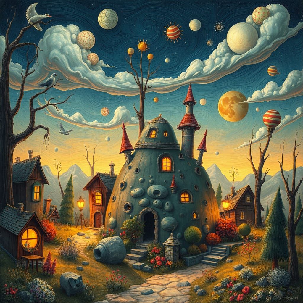 Whimsical Landscape Inspired by Eerie Futurism and Playful A...