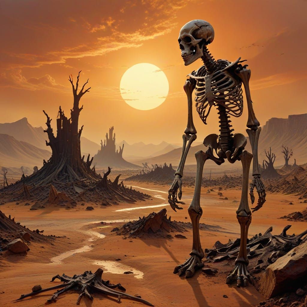 Ethereal Landscape of Ancient Giant Bones in Burnt-Orange Hu...