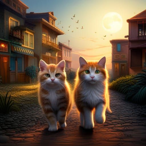 Fluffy Felines Chase Mouse on Dirt Road