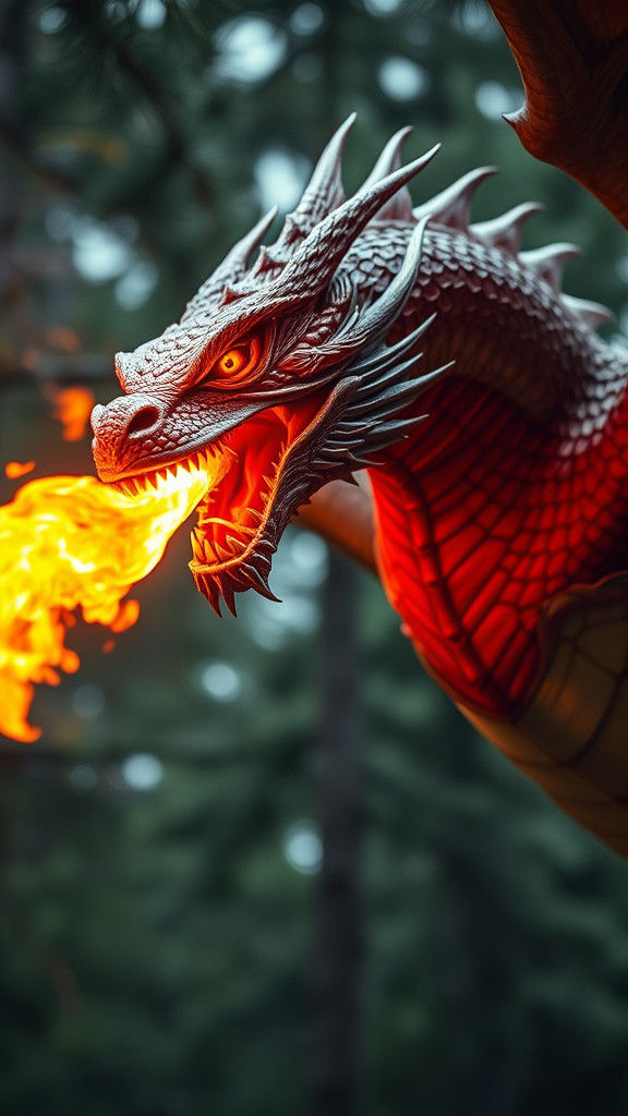 Fiery Dragon Roaring in Forest: Bokeh Animal Photography