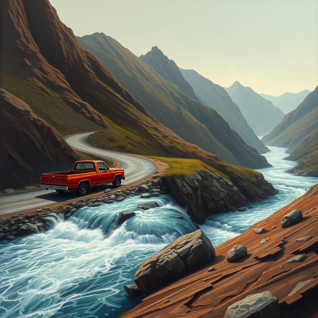 Crimson Truck Dreams Through Mountain Pass: Surreal Art