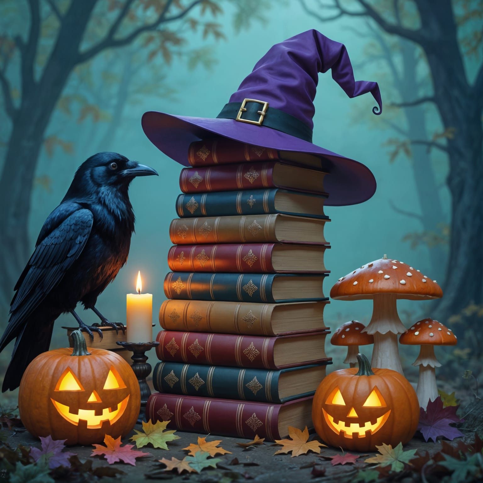Vintage Books, Crow, Witch Hat, and Jack-o'-Lantern