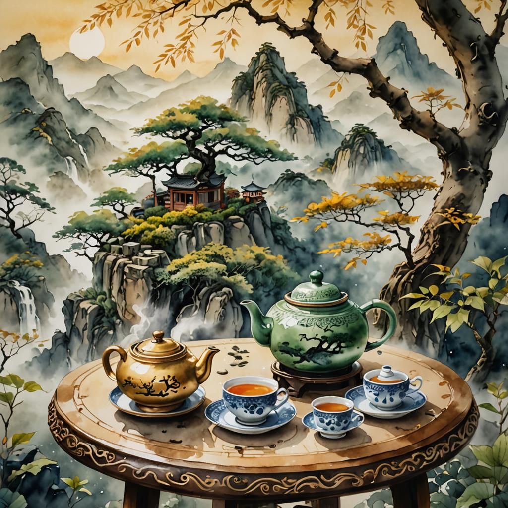 Teascape in Chinese Watercolor Style