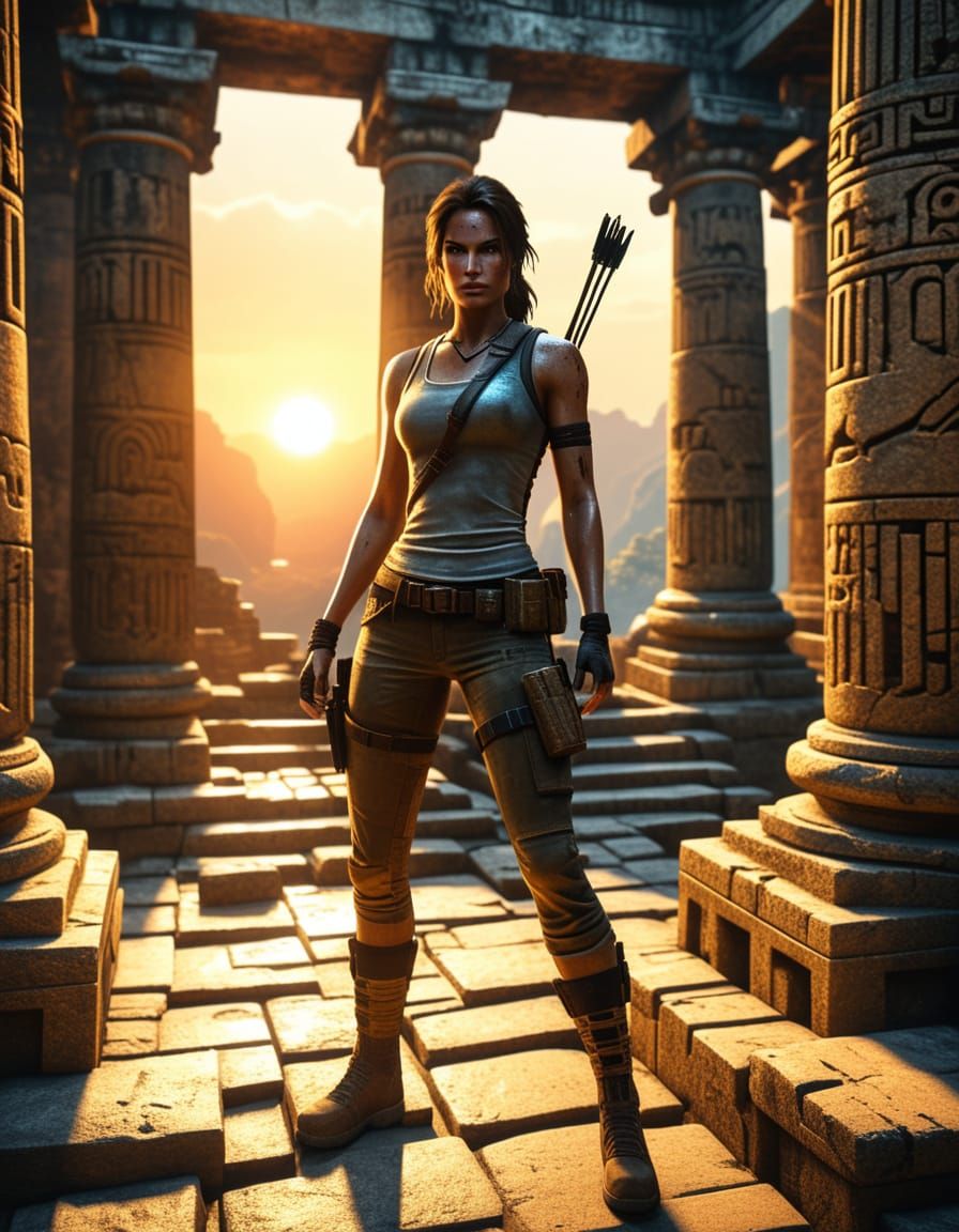 Lara Croft in Ancient Temple Ruins at Sunset