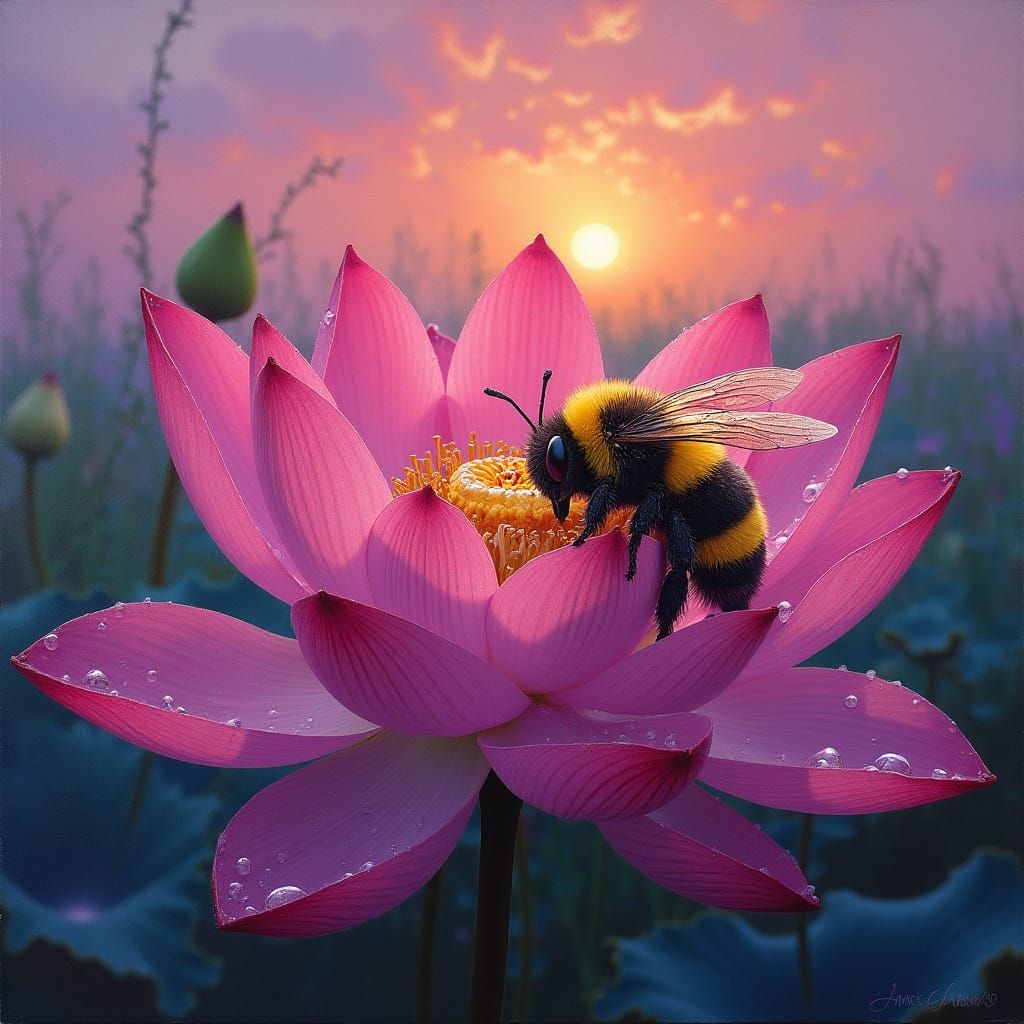 Bee Fairy Sleeps in Lotus Flower: Photorealistic Image