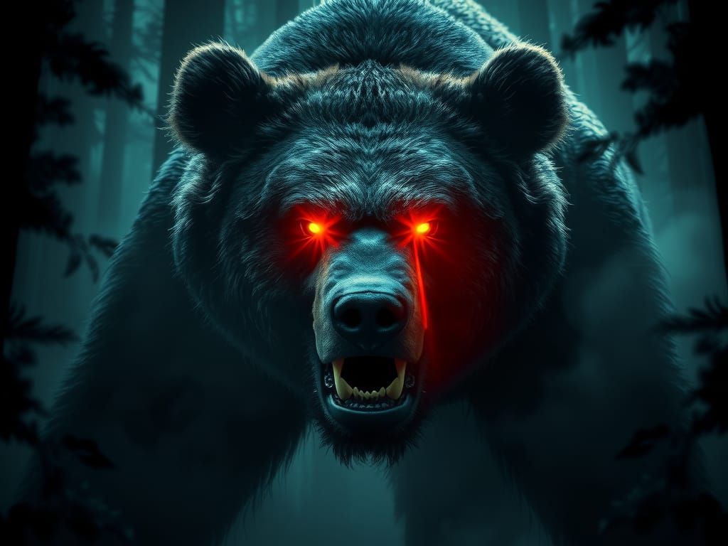 Menacing Bear in Misty Forest with Anamorphic Lens Flares