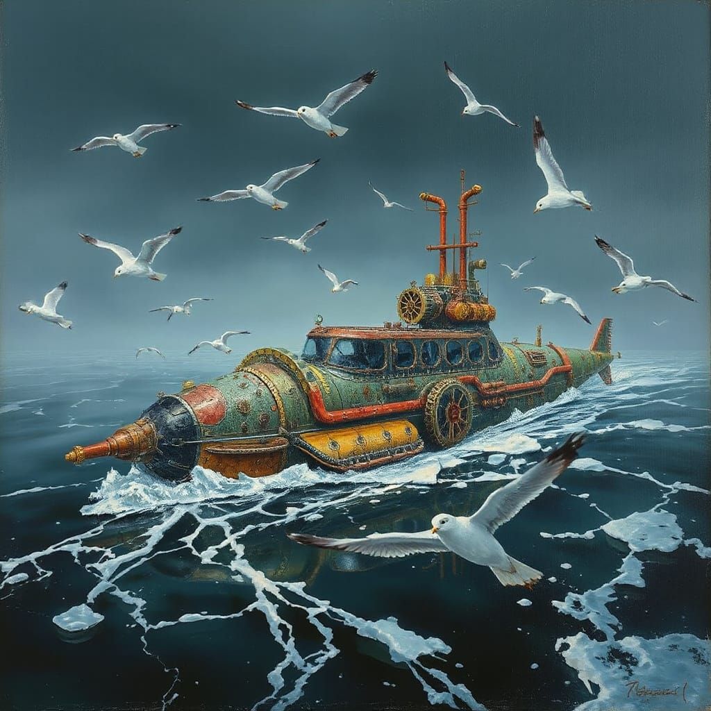 Steampunk Submarine in Dystopian Winter Landscape