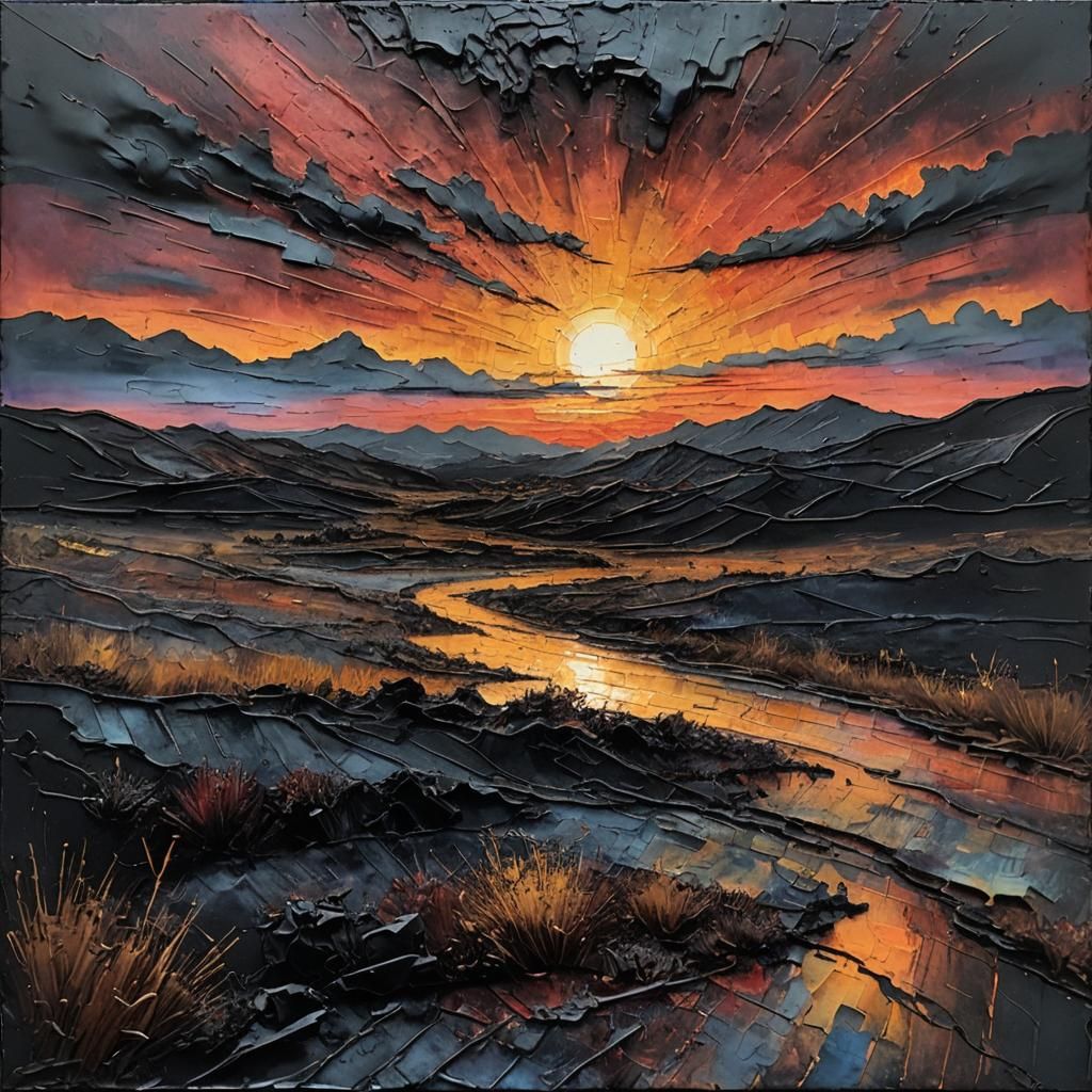 Encaustic Dark Landscape Painting with Impasto Texture